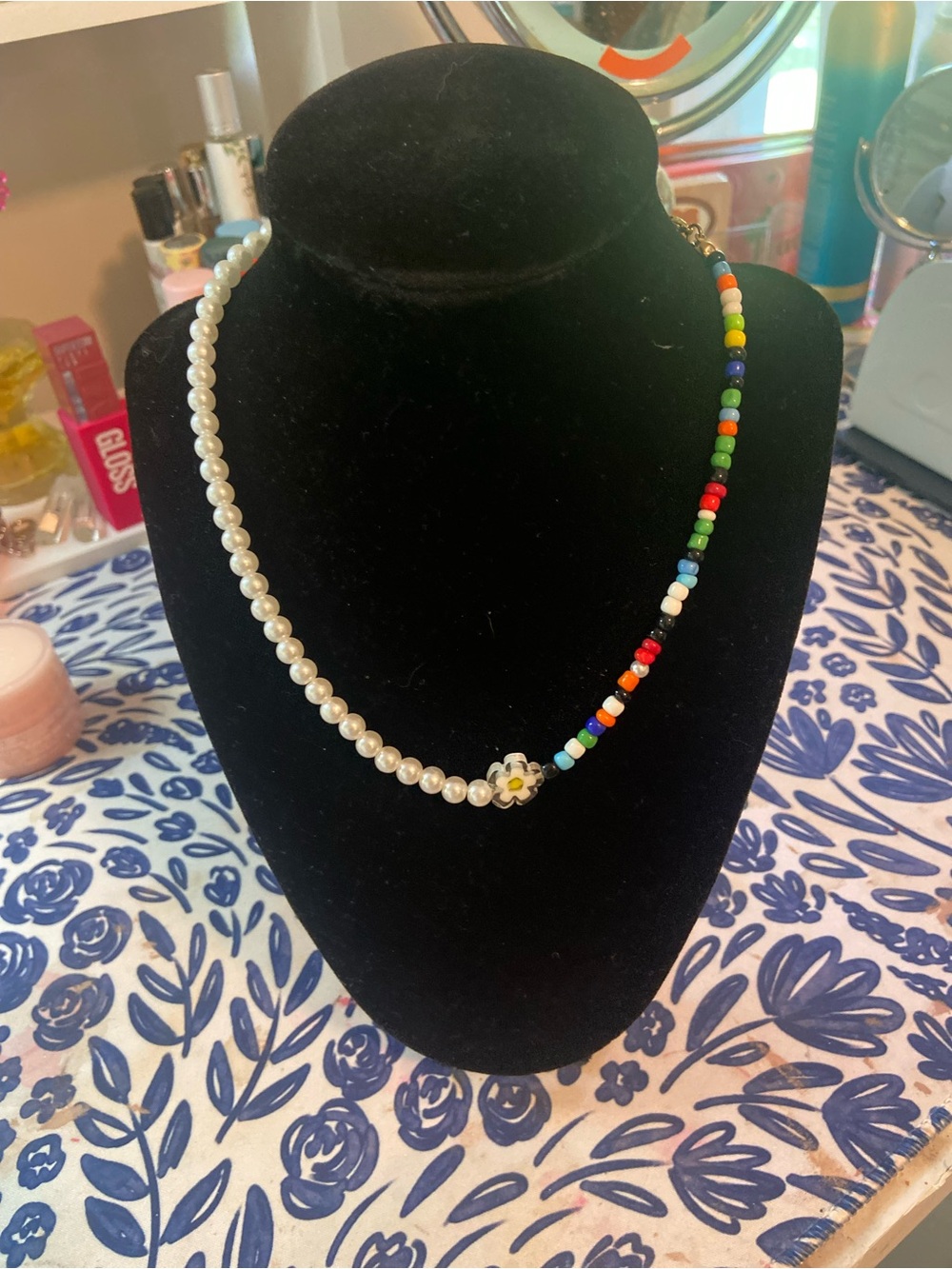 Pearl and Multicolor Bead Necklace with Daisy Accent